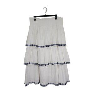INC International Concepts White Tiered Maxi Skirt Navy Embroidered Trim Size L